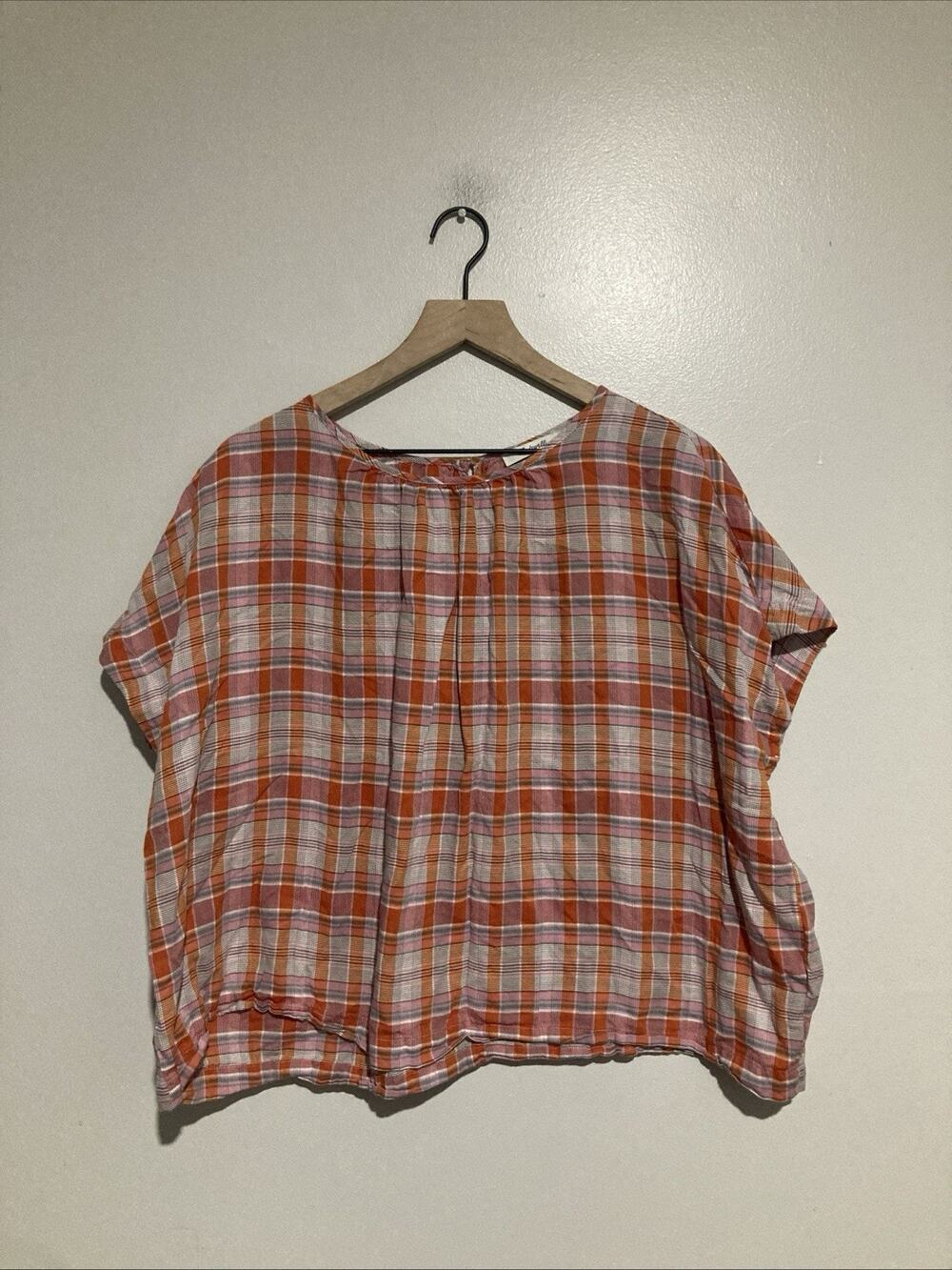 Madewell Womens Shirred Neck Boxy Top Sz M Pink Orange Plaid 100% Cotton